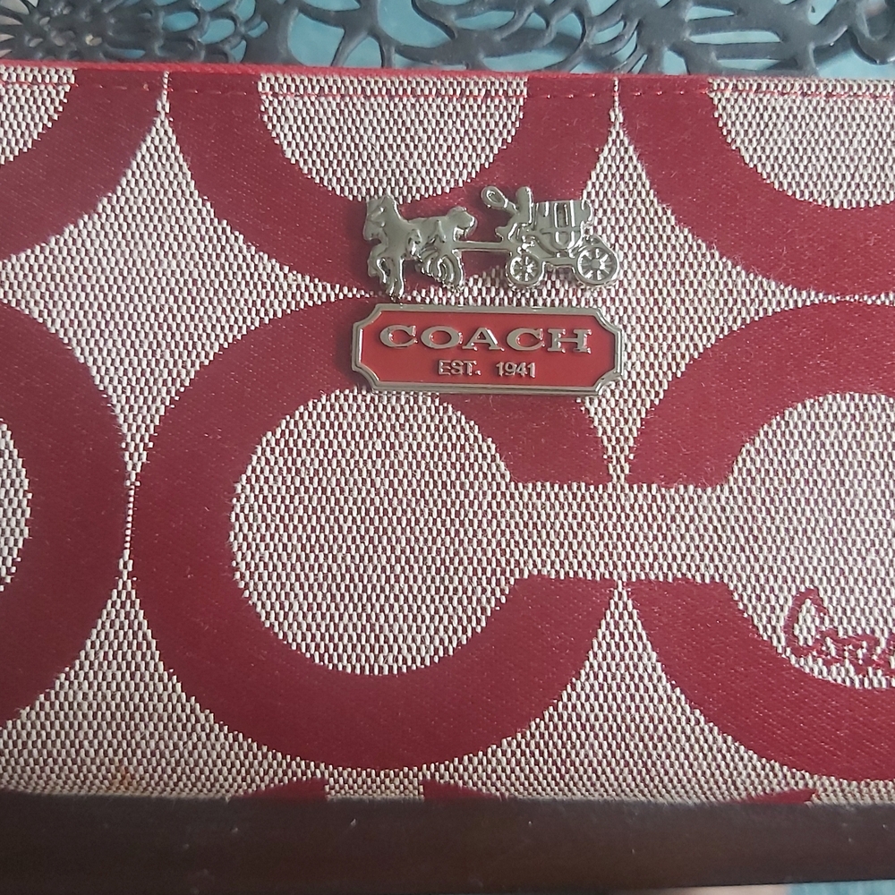 Coach Red Signature Jacquard Wallet with Silver Coach Emblem
